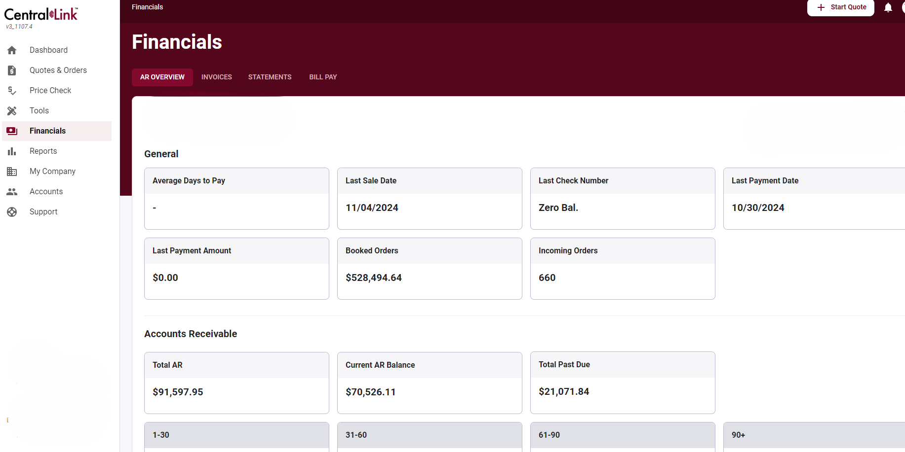 Financials all in one place, AR overview, invoices, statements, and bill pay